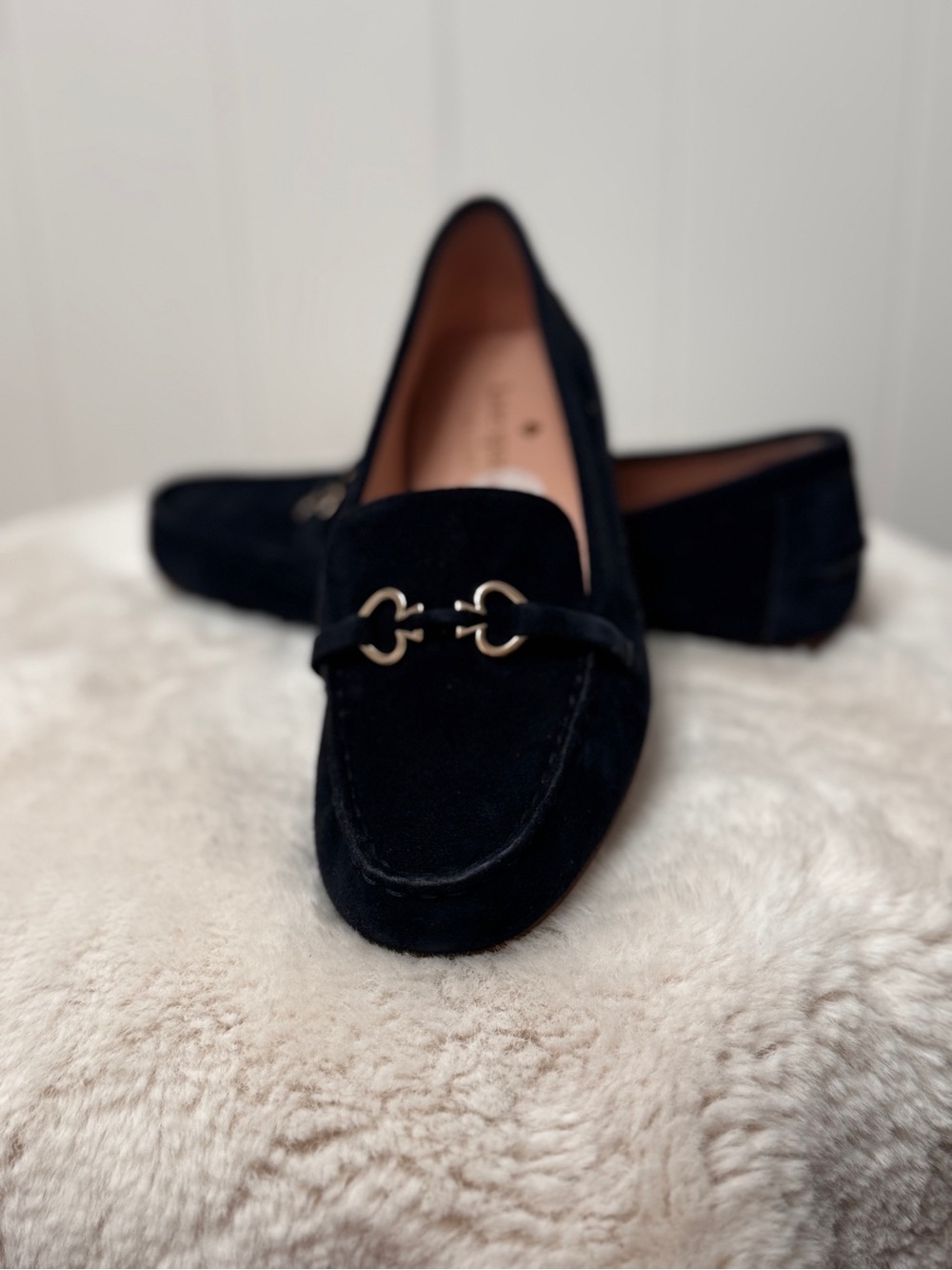 kate spade Black Suede Loafers with Gold Horsebit